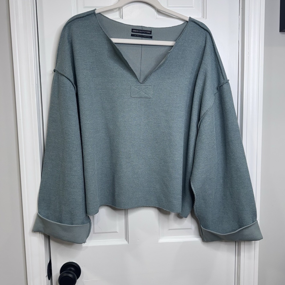 Urban Outfitters Womens Large Blue Green V Neck Sweater Balloon Sleeve Top
